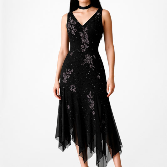 Vintage Black Purple Floral Beaded Silk Ruffle Midi Cocktail Prom Formal Dress Size S