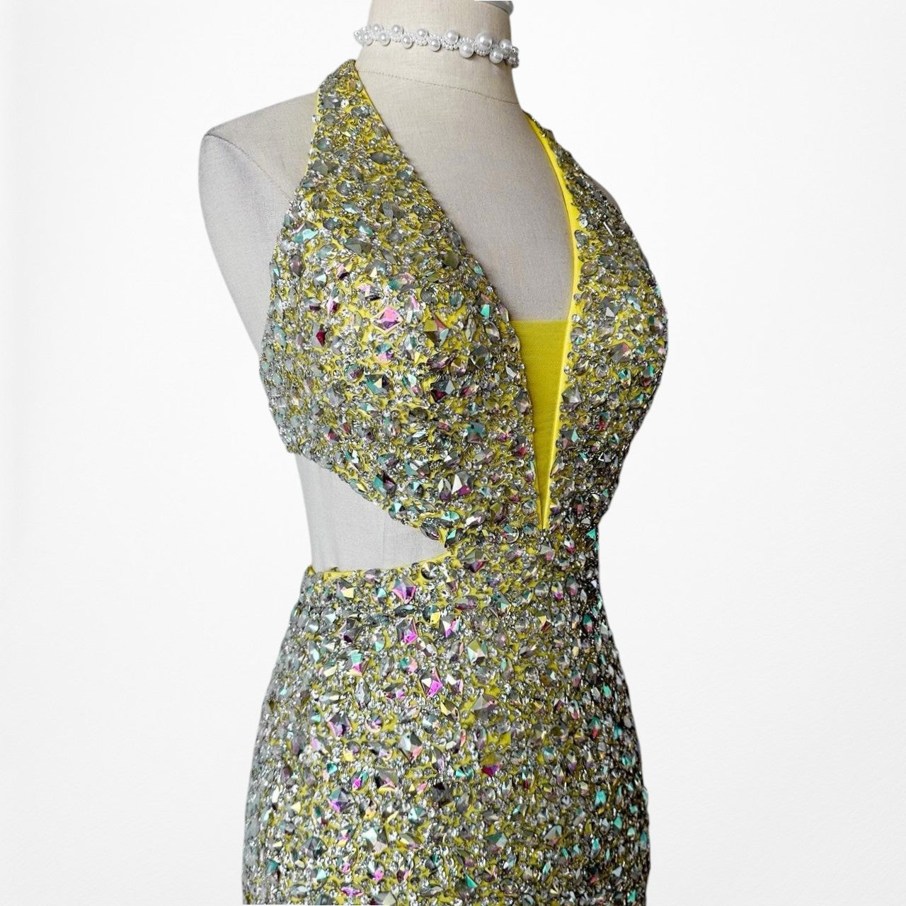 Vintage Yellow Rhinestone Beaded Cutout Maxi Prom Dress Size XS/S