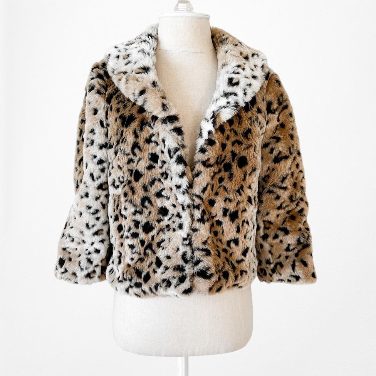 Guess Brown Animal Leopard Print Cropped Faux Fur Teddy Coat Jacket Size S