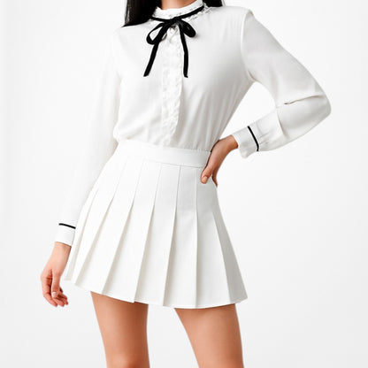 New York & Company White Black Trim Ruffle Long Sleeve Blouse Top Size S