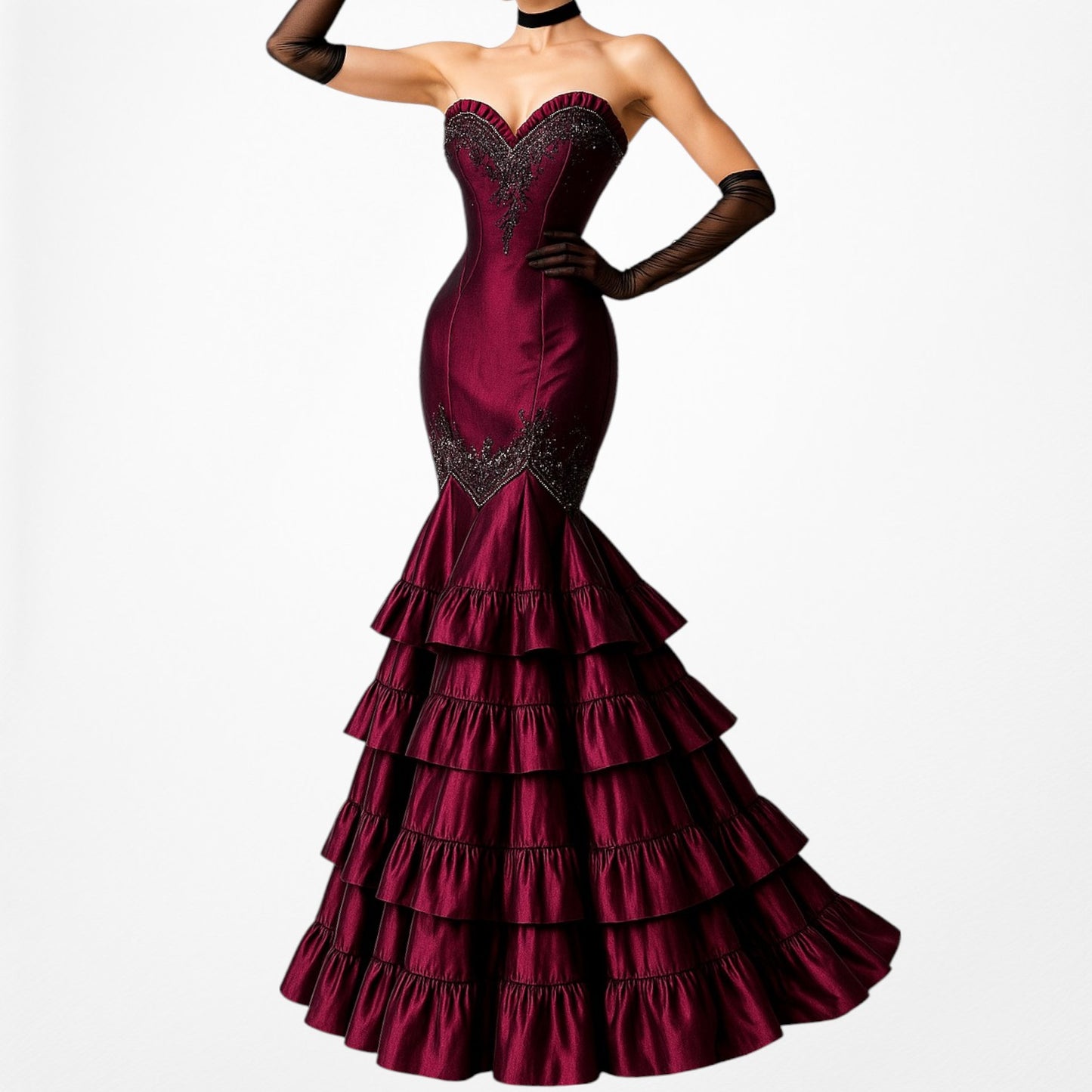 Vintage Burgundy Red Strapless Beaded Satin Ruffle Flared Maxi Prom Dress Size M