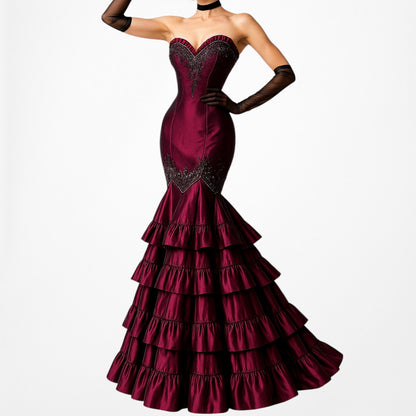 Vintage Burgundy Red Strapless Beaded Satin Ruffle Flared Maxi Prom Dress Size M