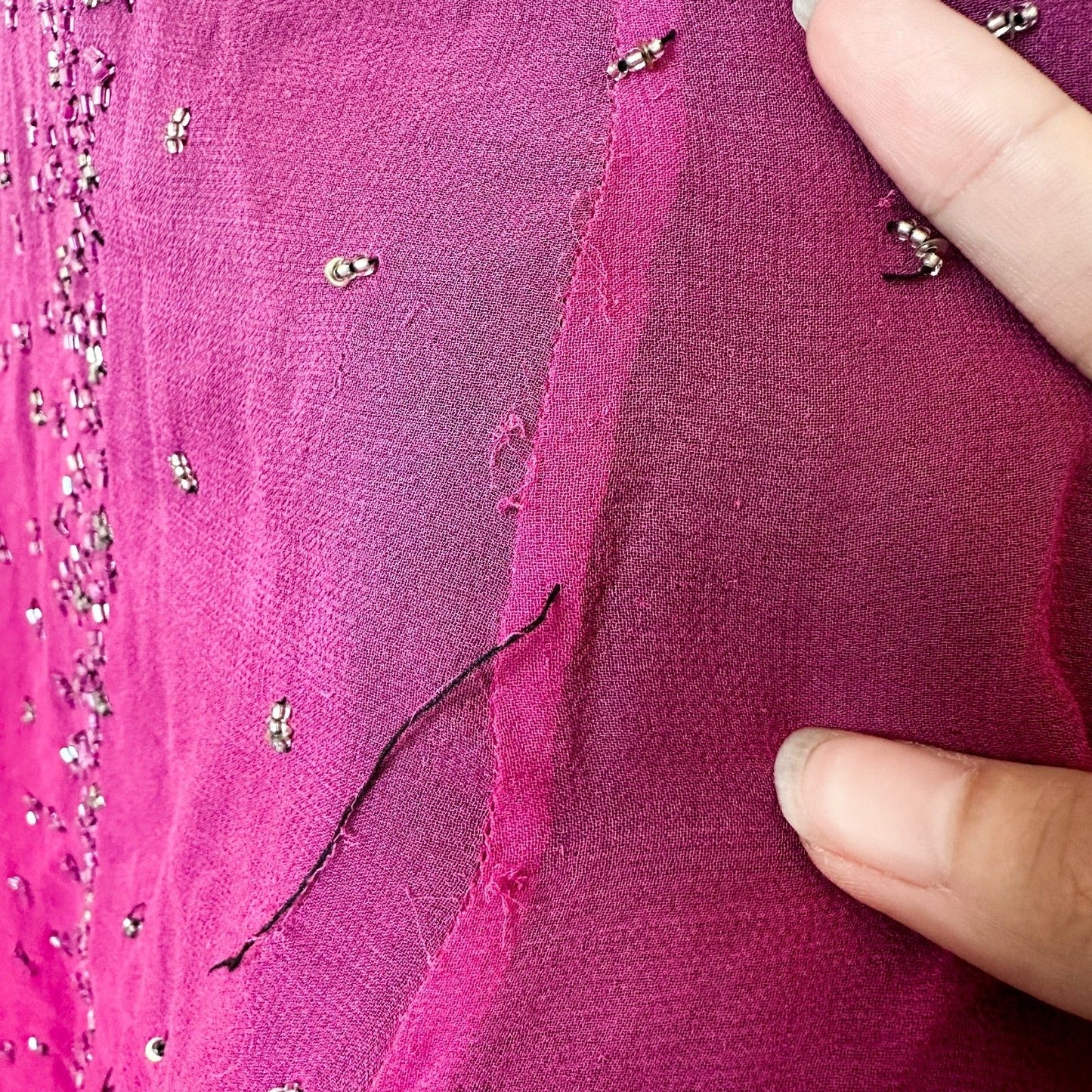 Vintage Y2K Purple Pink Silk Strapless Bodycon Beaded Maxi Prom Dress Size XS