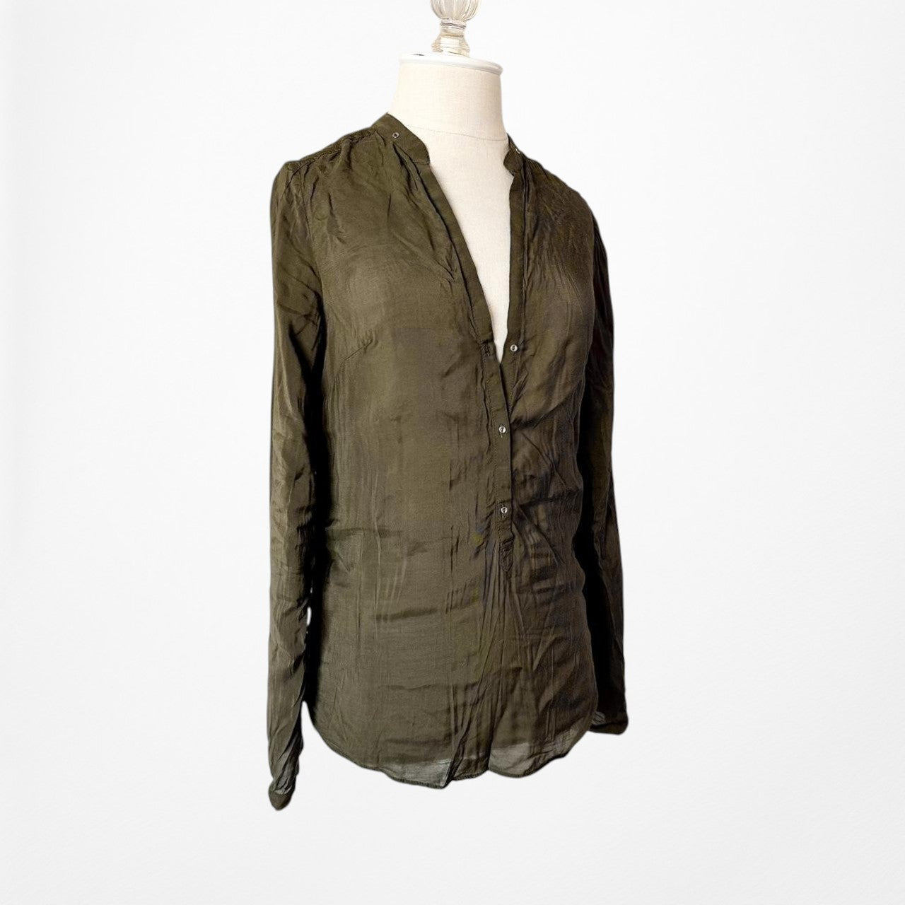 Zara Olive Camo Green Long Sleeve Henley Button Front Blouse Top Size XS/S