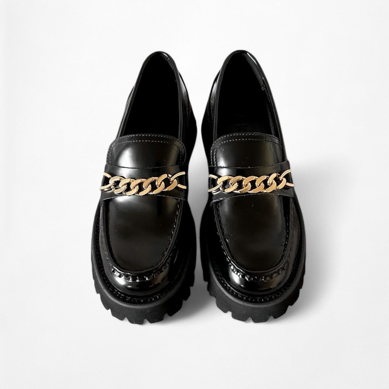 Na-kd Black Faux Patent Leather Gold Chain Platform Loafer Shoe Size 6.5