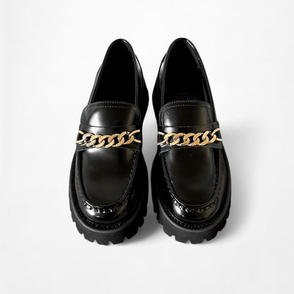 Na-kd Black Faux Patent Leather Gold Chain Platform Loafer Shoe Size 6.5