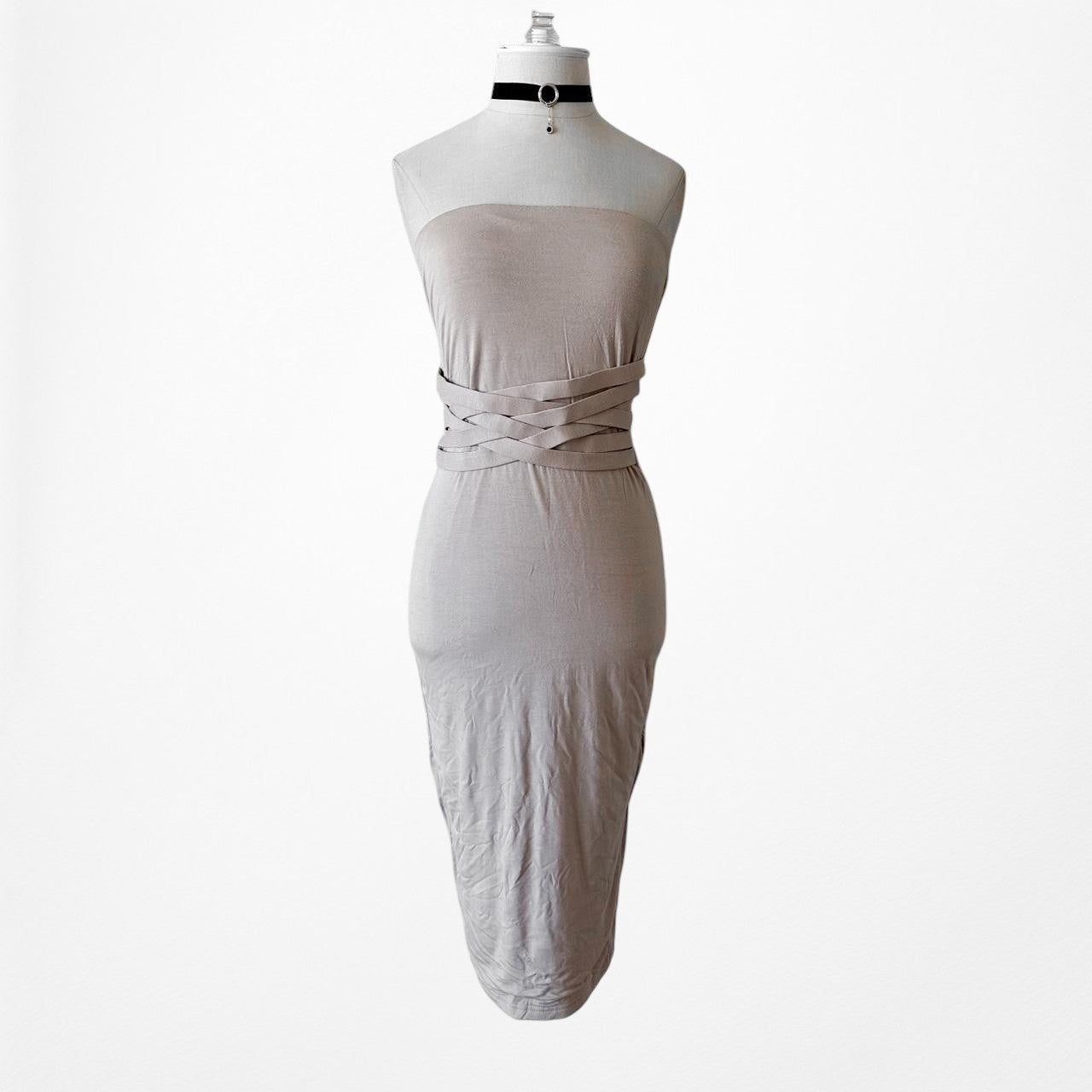 Fashion Nova Beige Nude Strapless Knit Bodycon Knee Length Dress Size S/M