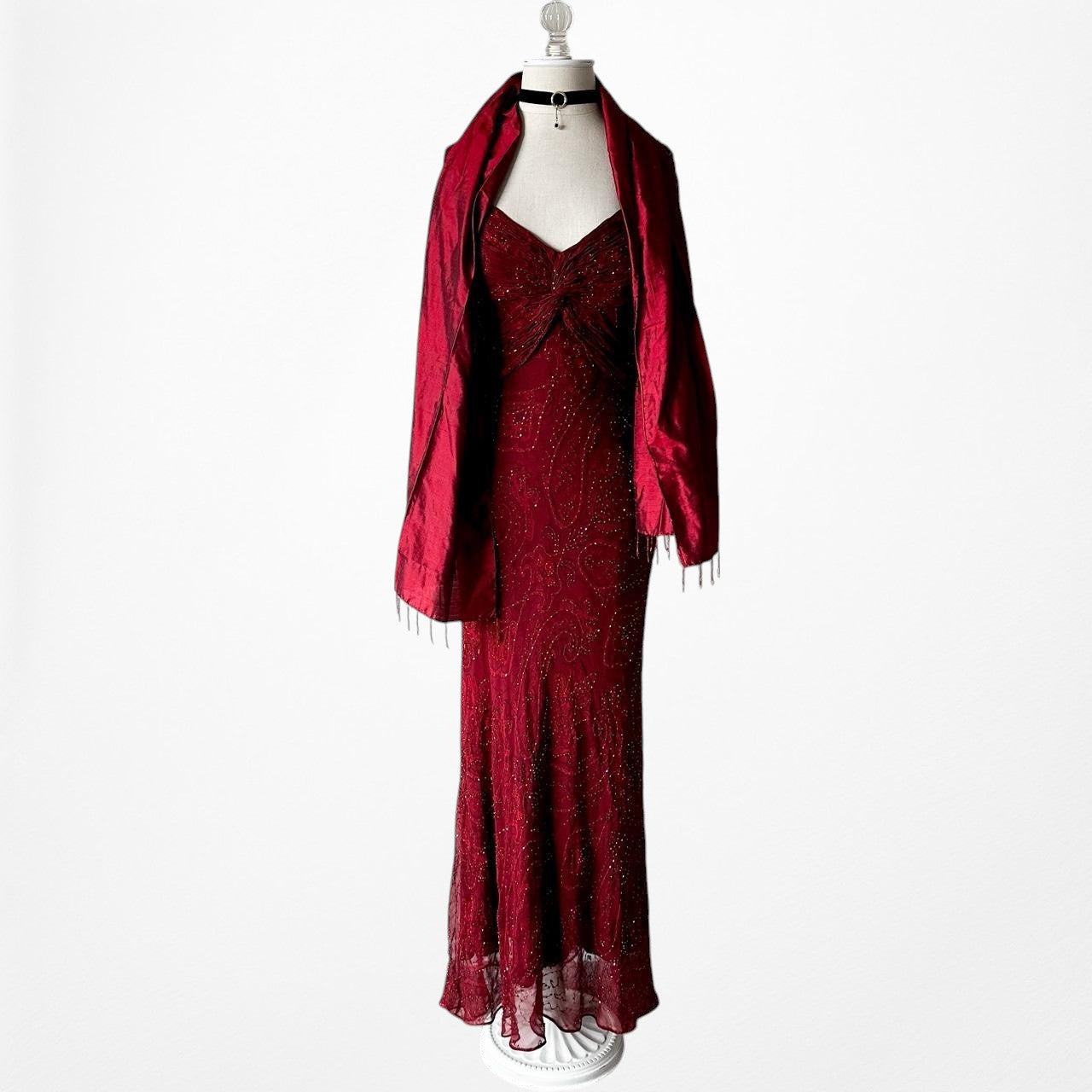 Vintage Red Beaded Fit Flared Silk Bodycon Maxi Prom Scarf Dress Size S/M