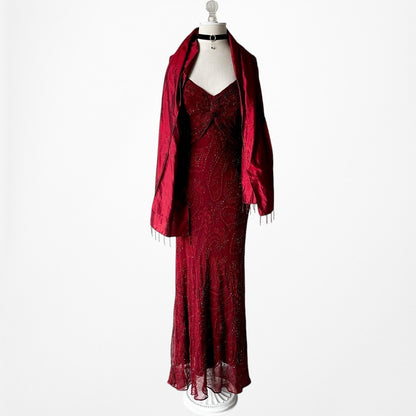 Vintage Red Beaded Fit Flared Silk Bodycon Maxi Prom Scarf Dress Size S/M