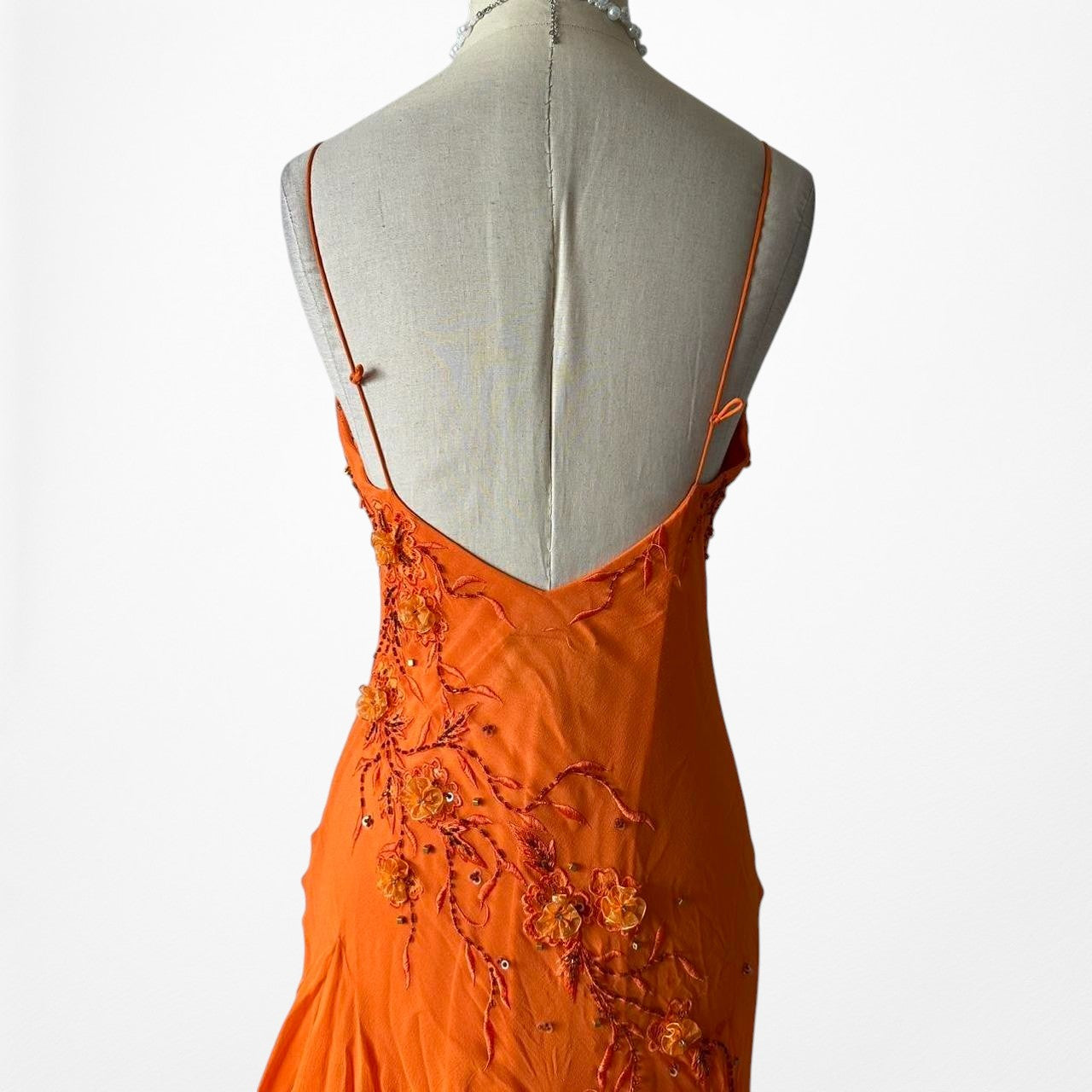 Orange Silk Floral Applique Beaded Tulle Fit Flared Midi Prom Dress Size S
