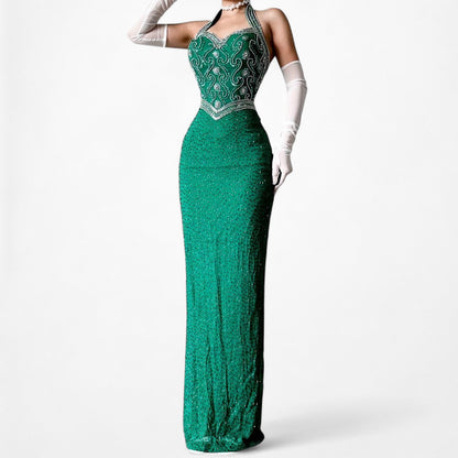 Vintage Green Beaded Halter Neck Bodycon Maxi Prom Dress Size XS/S