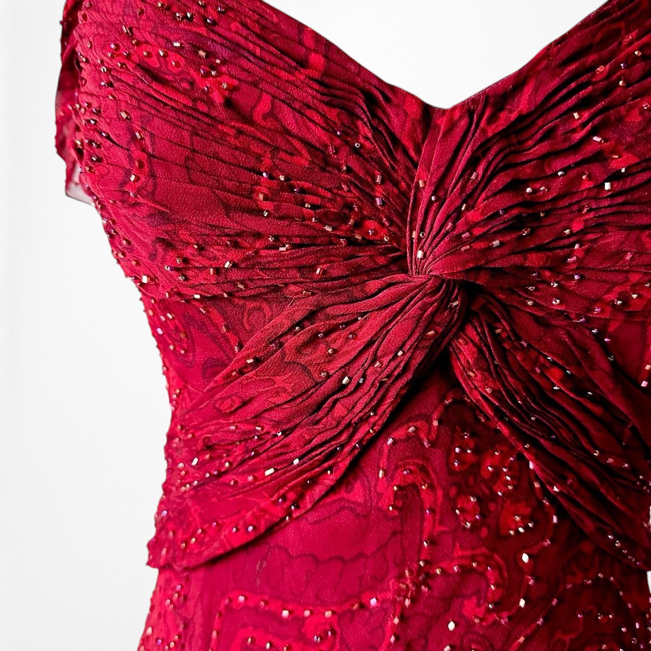 Vintage Red Beaded Fit Flared Silk Bodycon Maxi Prom Scarf Dress Size S/M