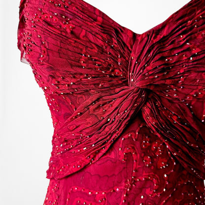 Vintage Red Beaded Fit Flared Silk Bodycon Maxi Prom Scarf Dress Size S/M