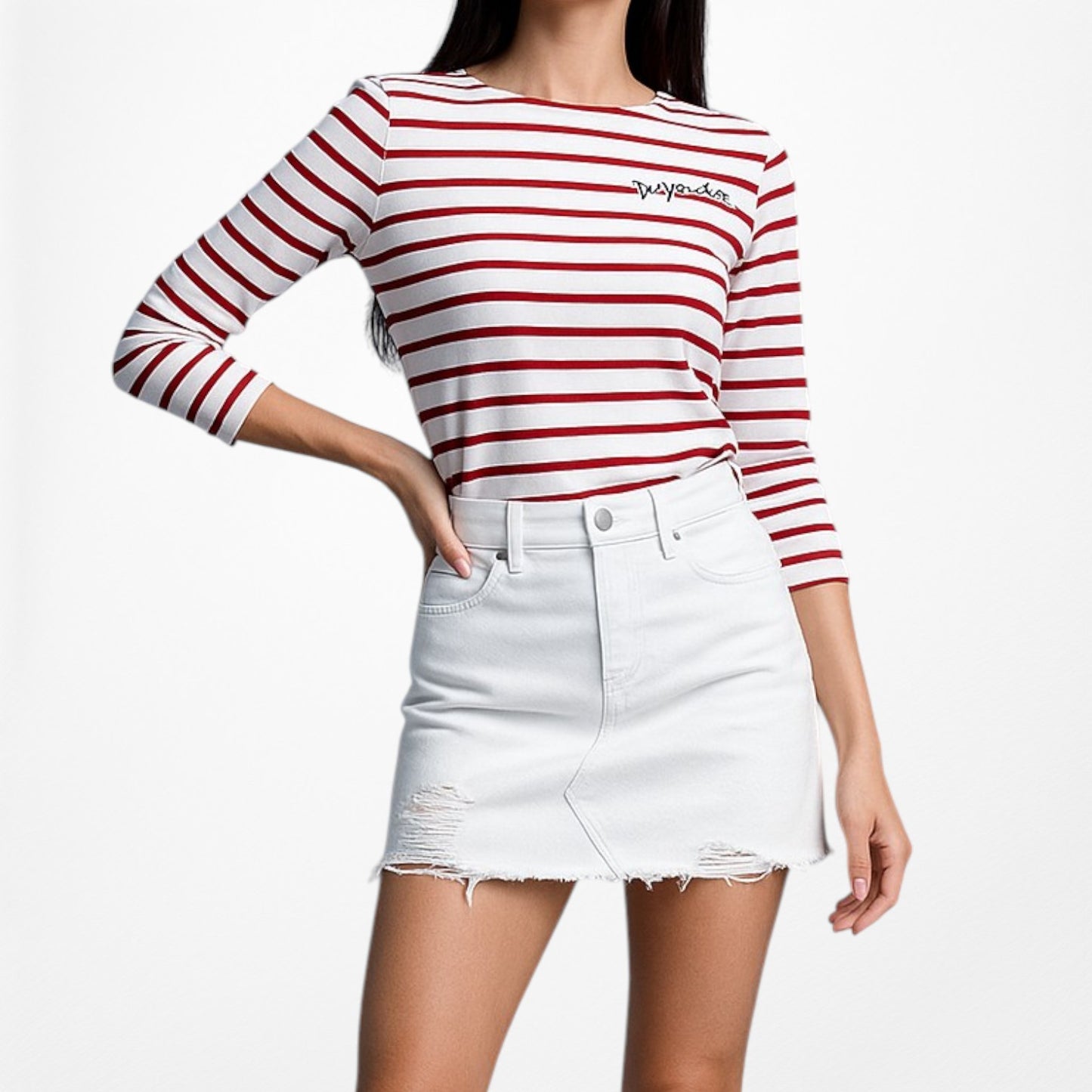 White Red Striped Long Sleeve Crewneck Pullover Top Size XS/S