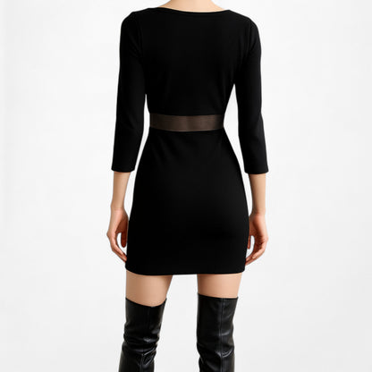 Vintage Y2K Black Mesh Cutout 3/4 Sleeve Knit Bodycon Mini Dress Size M