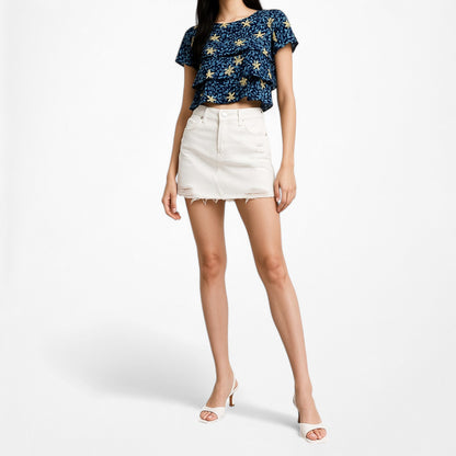 Zara Blue Yellow Short Sleeve Crewneck Floral Ruffle Crop Top XS