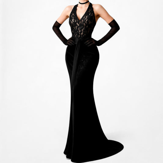 Vintage Black Velvet Lace Beaded Bodycon Maxi Formal Prom Dress Size S