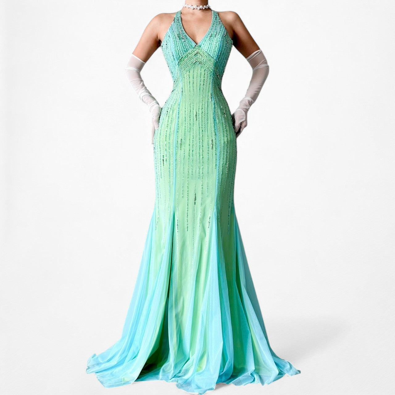Vintage Blue Green Fit Flared Beaded Halter Mesh Maxi Prom Dress Size S
