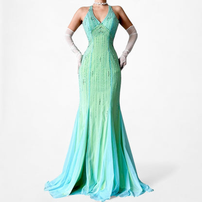 Vintage Blue Green Fit Flared Beaded Halter Mesh Maxi Prom Dress Size S