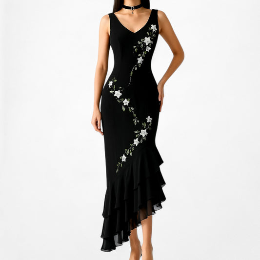 Vintage Black Floral Beaded Ruffle High Low Asymmetric Midi Formal Prom Dress Size S/M