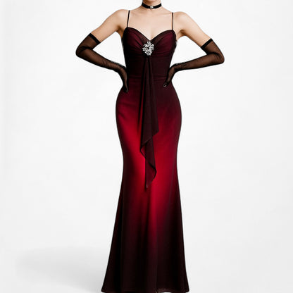 Vintage Burgundy Red Glitter Rhinestone Knit Ruffle Maxi Prom Dress Size M