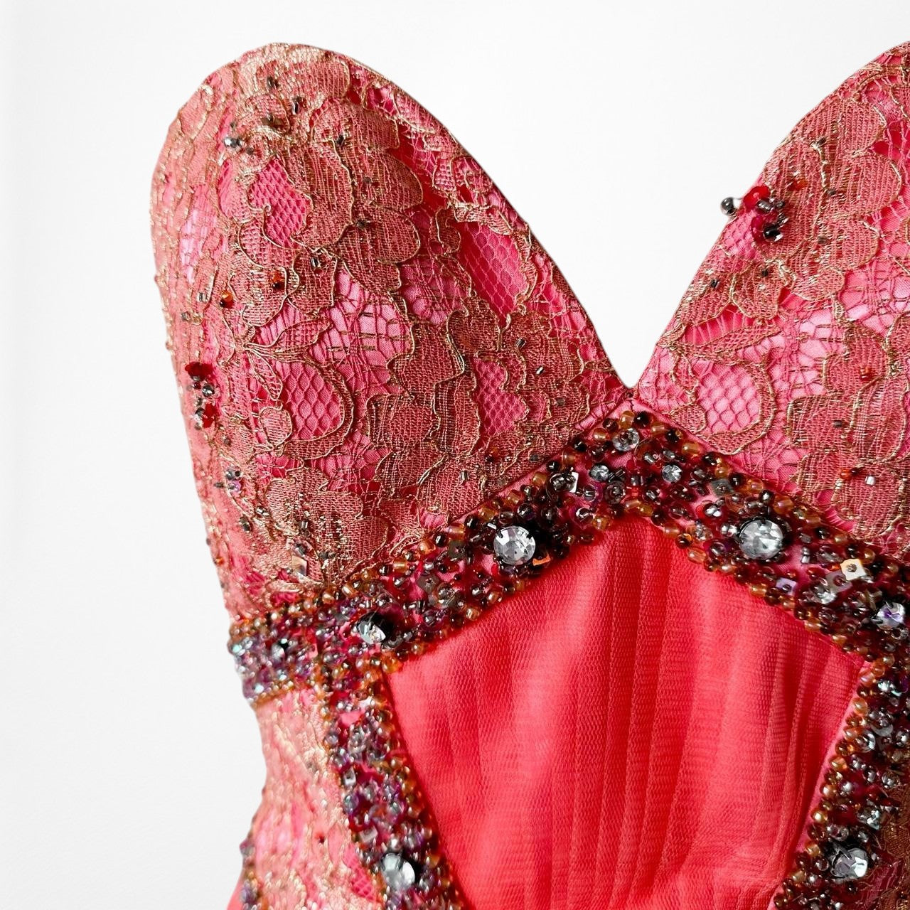 Vintage Pink Strapless Lace Beaded Fishtail Bodycon Prom Dress Size M