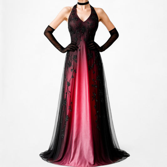 Vintage Burgundy Red Floral Beaded Satin Mesh Fit Flared Maxi Formal Prom Dress Size M/L