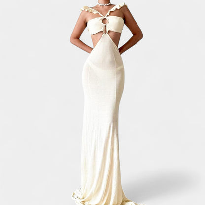 Off White Cream Cutout Ruffle Knit Maxi Bodycon Dress Size M
