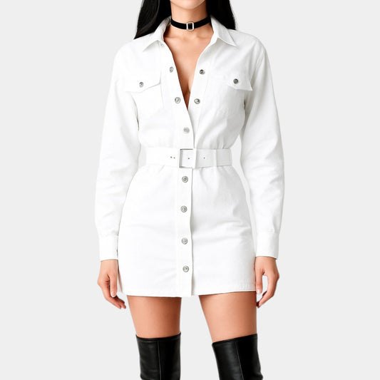 Zara White Button Front Long Sleeve Denim Mini Shirt Casual Dress Size XS/S