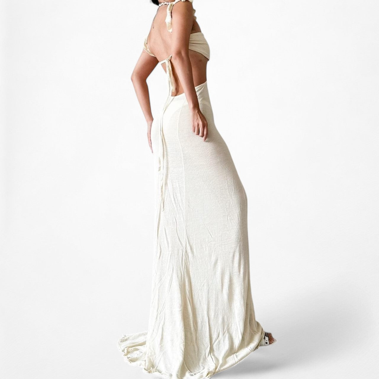 Off White Cream Cutout Ruffle Knit Maxi Bodycon Dress Size M