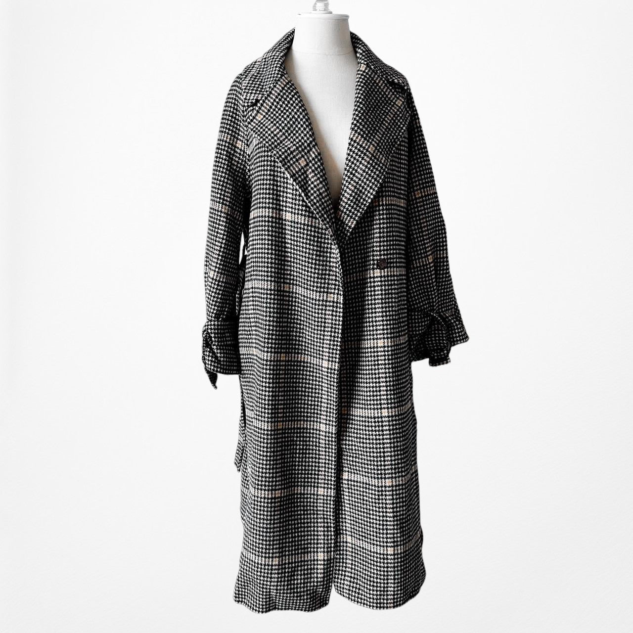 Zara Gray Checkered Plaid Oversized Wool Waist Tie Trench Style Jacket Coat