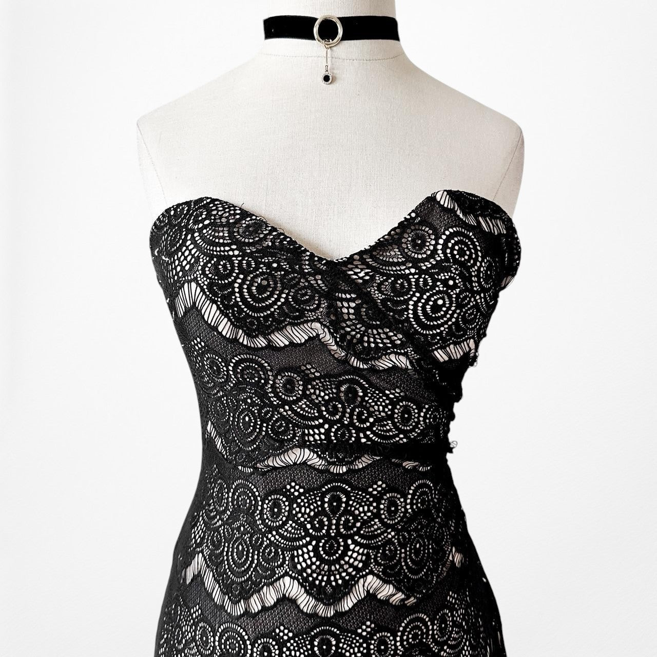 Vintage Black Strapless Lace Bodycon Side Slit Maxi Prom Dress Size XS