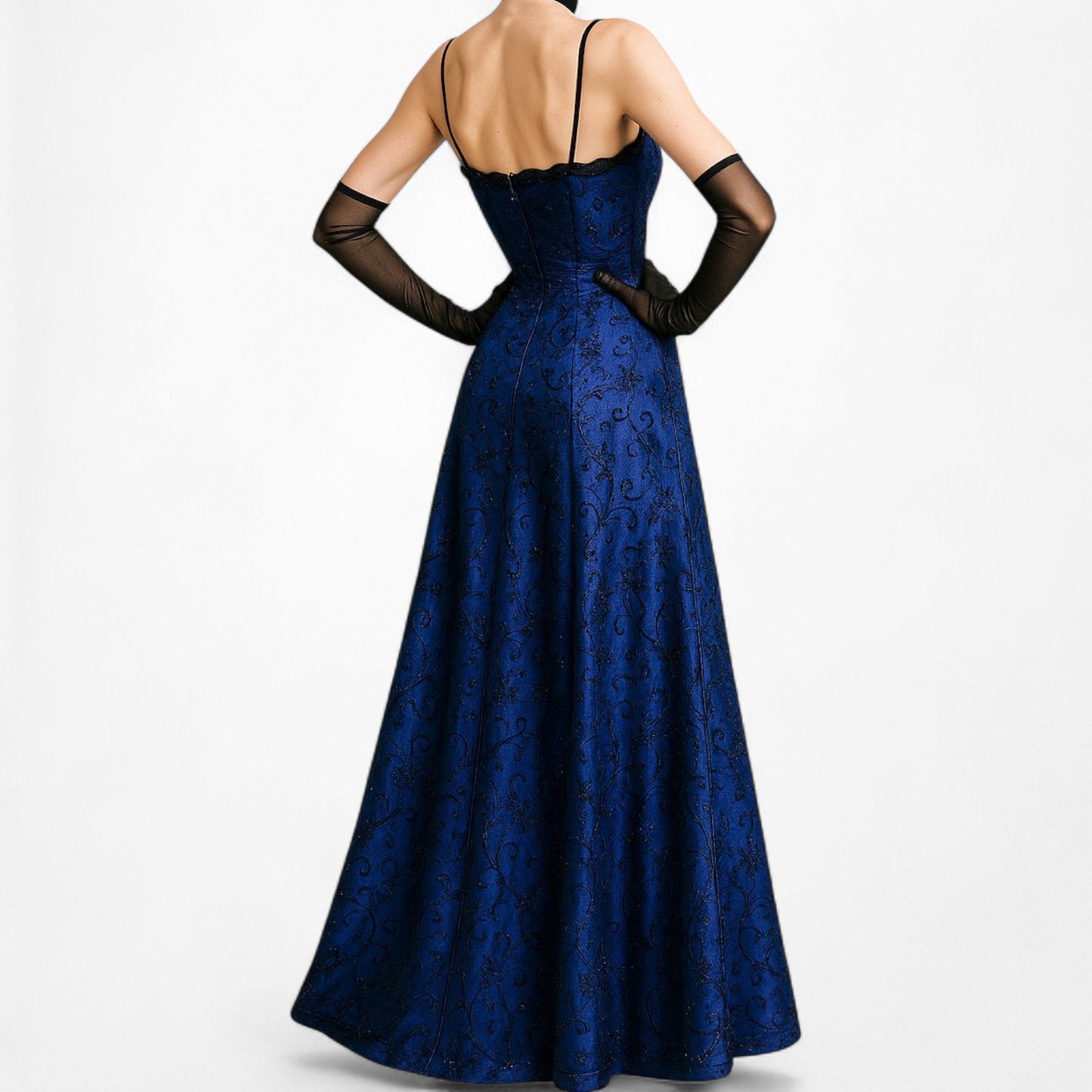 Vintage Black Blue Velvet Mesh Glitter Fit Flared Maxi Prom Dress Size M