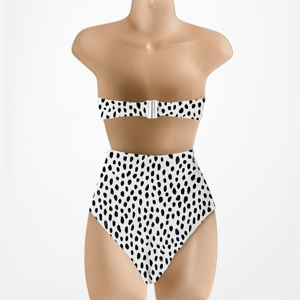White Black Polka Dot High Waisted Cutout Strapless Two Piece Swimsuit Size XS/S