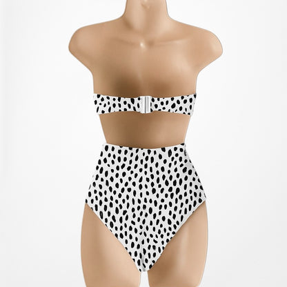 White Black Polka Dot High Waisted Cutout Strapless Two Piece Swimsuit Size XS/S