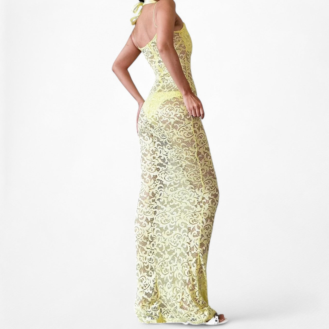 White Fox Boutique Yellow Sheer Lace Maxi Bodycon Dress Flower Neck Tie Size XS