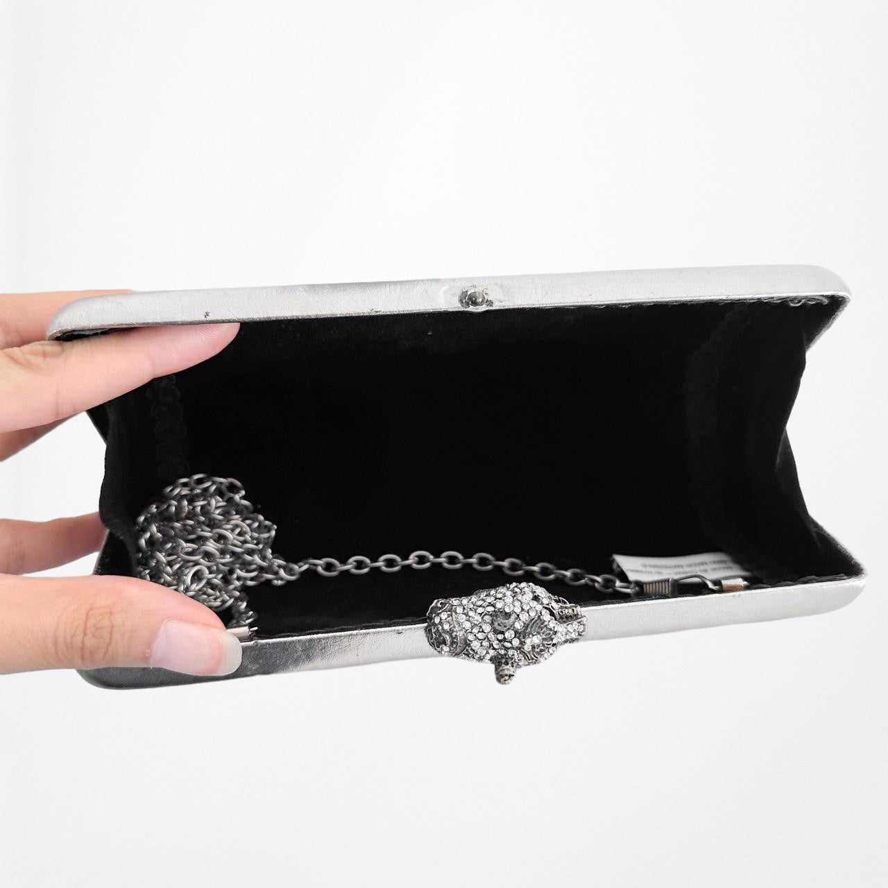 Small Rectangular Metallic Silver Gray Rhinestone Leather Look Clutch Bag