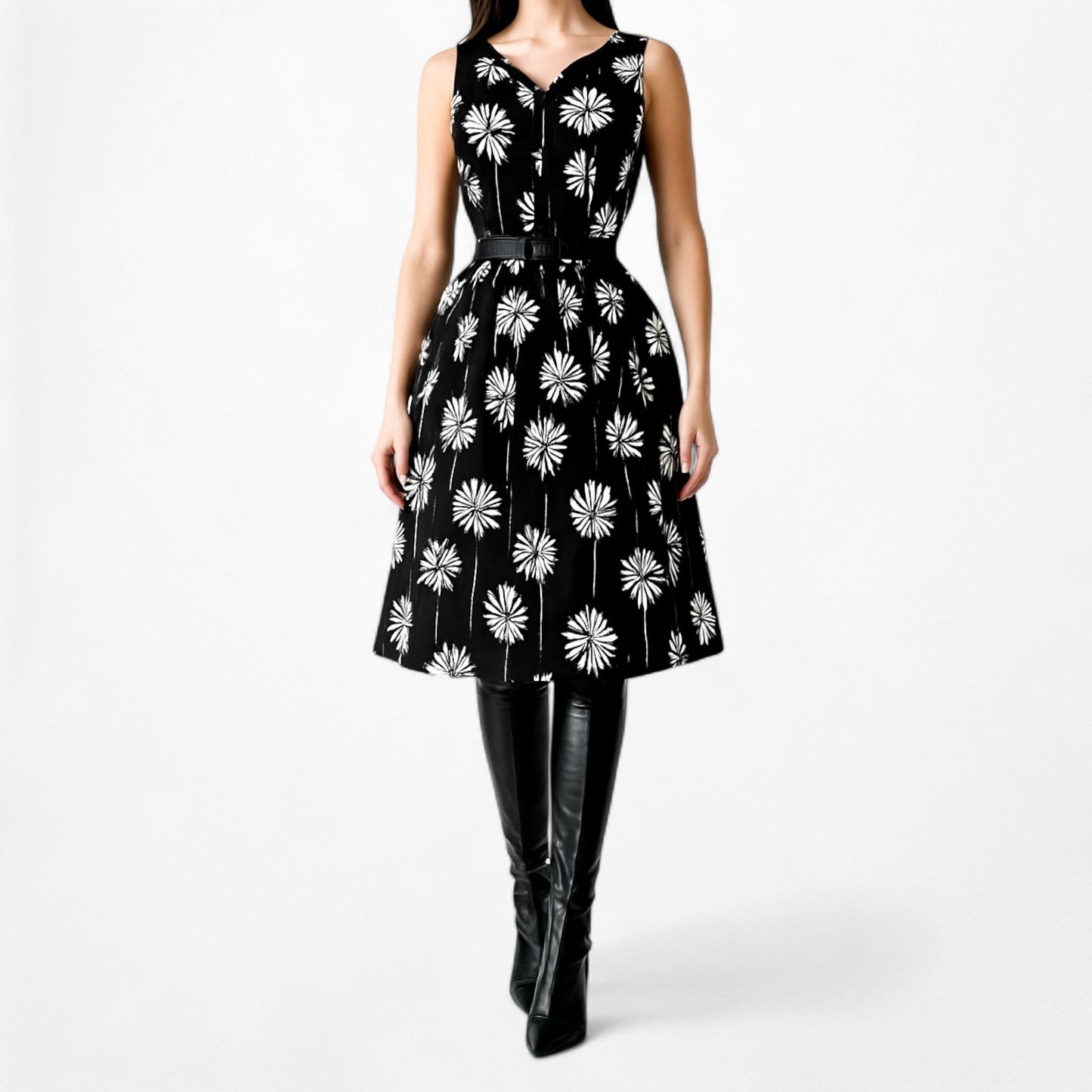 Talbots Black White Floral Knee Length Pleated Skater Cocktail Dress Size 4P/M