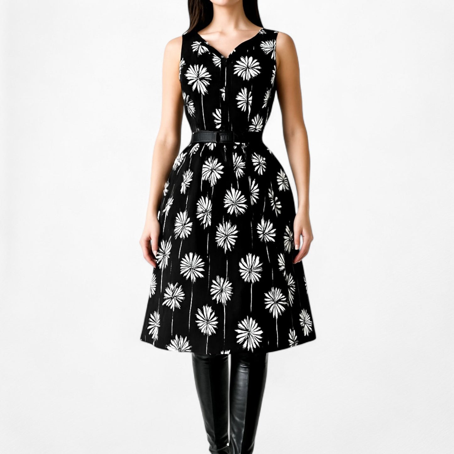 Talbots Black White Floral Knee Length Pleated Skater Cocktail Dress Size 4P/M