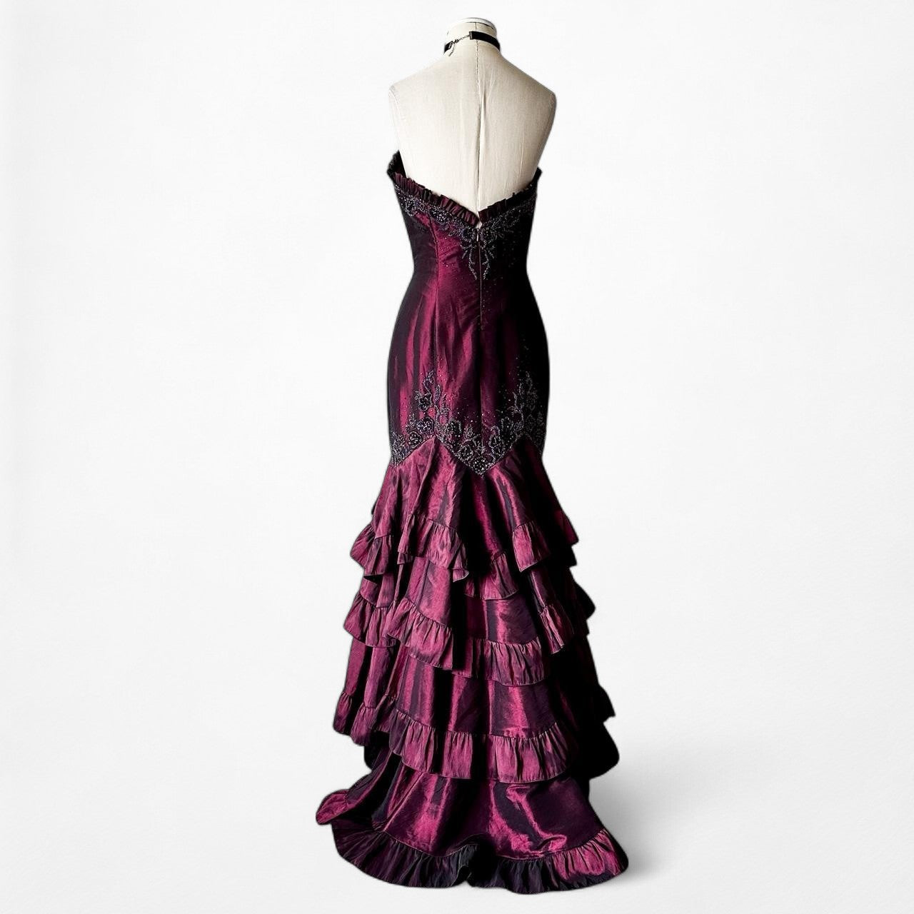 Vintage Burgundy Red Strapless Beaded Satin Ruffle Flared Maxi Prom Dress Size M