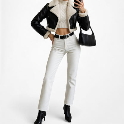 Zara Black Faux Fur Shearling Fleece Lined Cropped Leather Jacket Size S