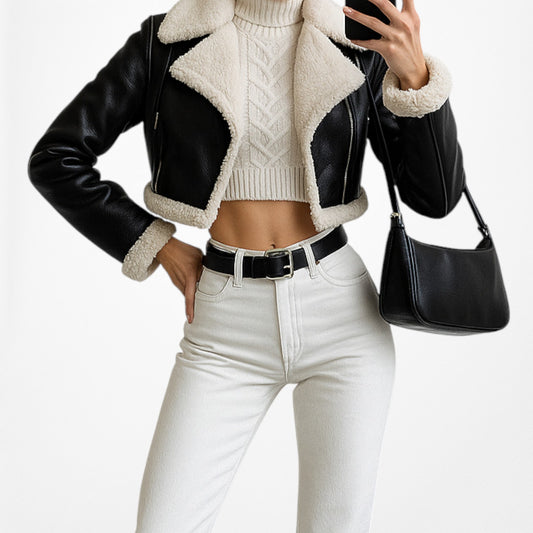 Zara Black Faux Fur Shearling Fleece Lined Cropped Leather Jacket Size S