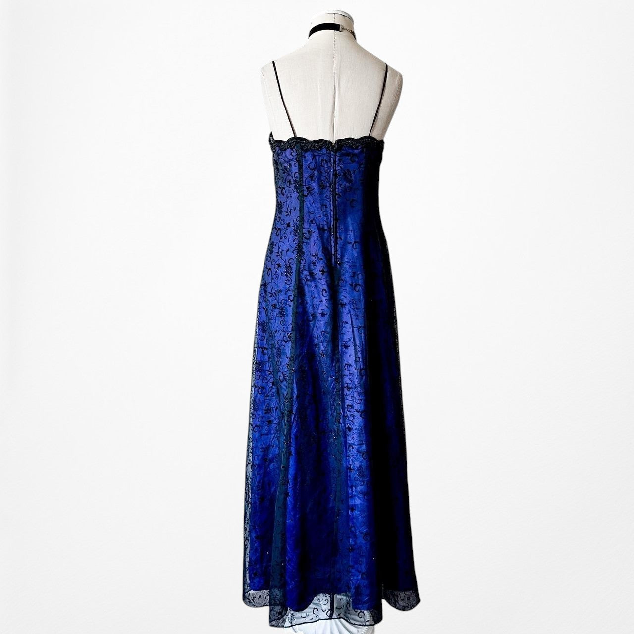 Vintage Black Blue Velvet Mesh Glitter Fit Flared Maxi Prom Dress Size M