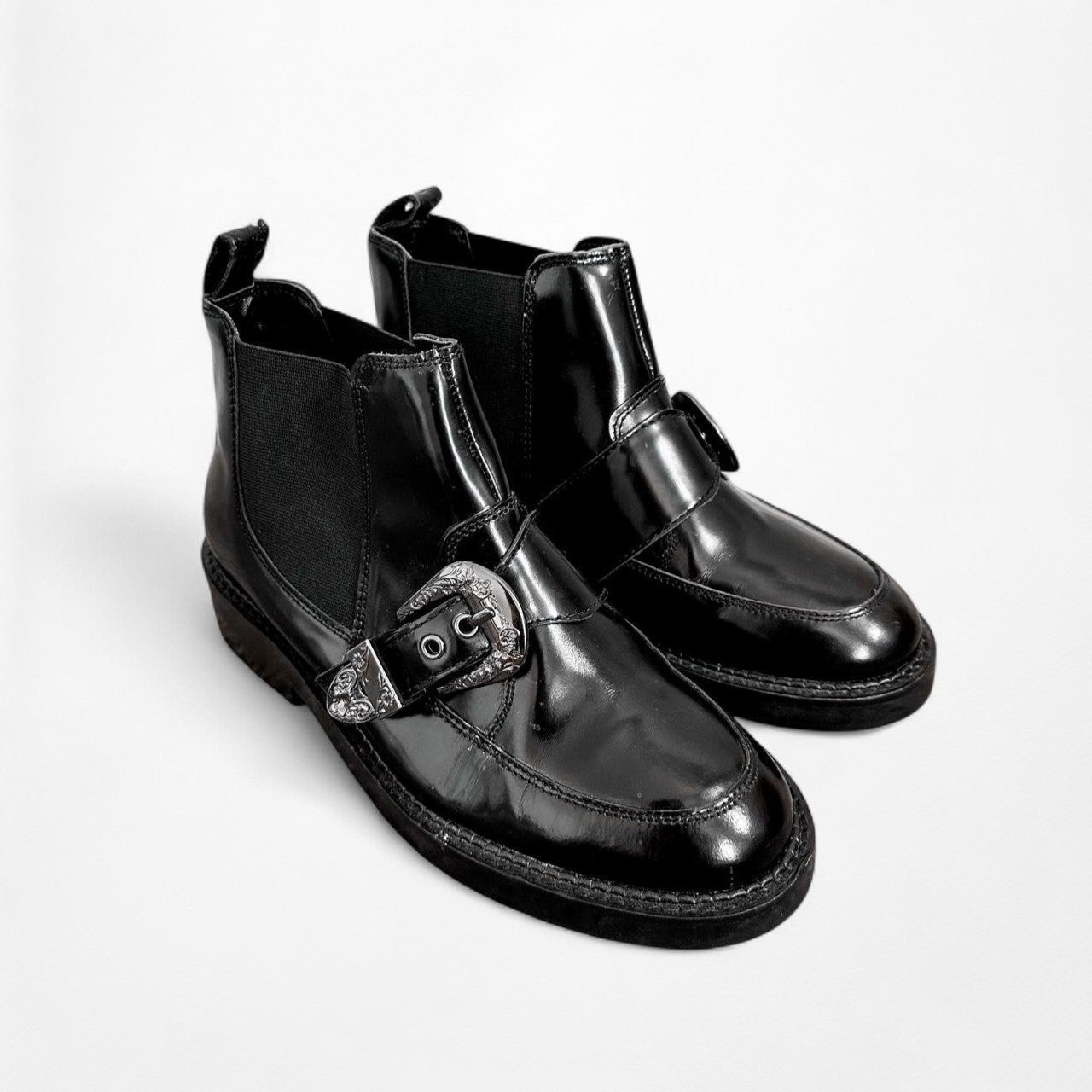 Black Patent Faux Leather Western Buckled Round Toe Ankle Boots Size 6