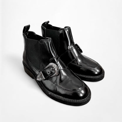 Black Patent Faux Leather Western Buckled Round Toe Ankle Boots Size 6