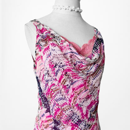 Vintage Pink Silk Lace Detail Asymmetric Hem Cocktail Midi Dress Size S/M