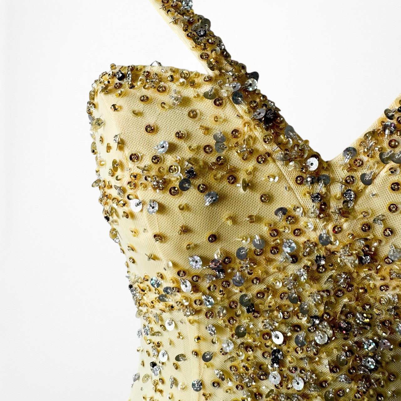 Vintage Yellow Beaded Mesh Bodycon Maxi Prom Dress Size XS/S