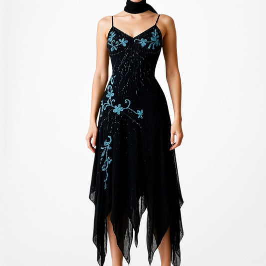 Vintage Black Blue Floral Beaded Silk Asymmetric Ruffle Midi Cocktail Prom Dress Size S