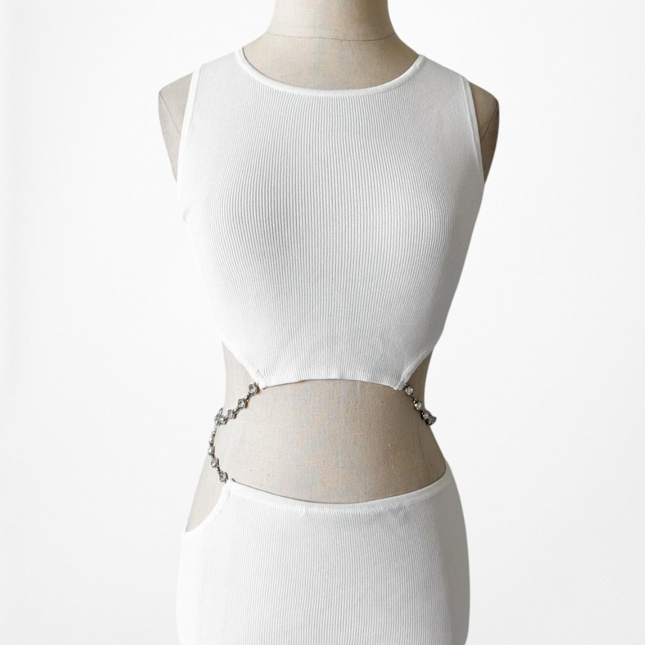 Zara White Knit Rhinestone Crop Top Maxi Pencil Side Slit Skirt Two Piece Set