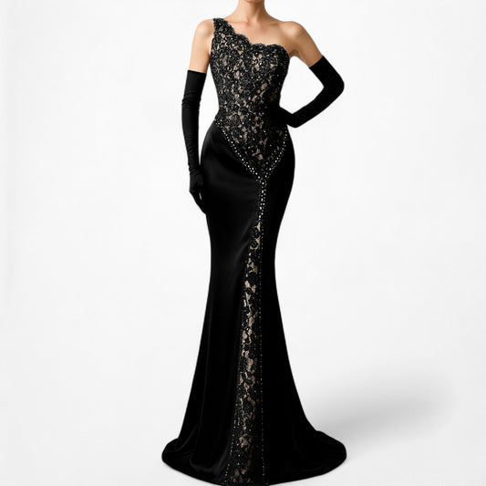 Vintage Black Satin Lace Beaded One Shoulder Bodycon Maxi Formal Cocktail Prom Dress Size S